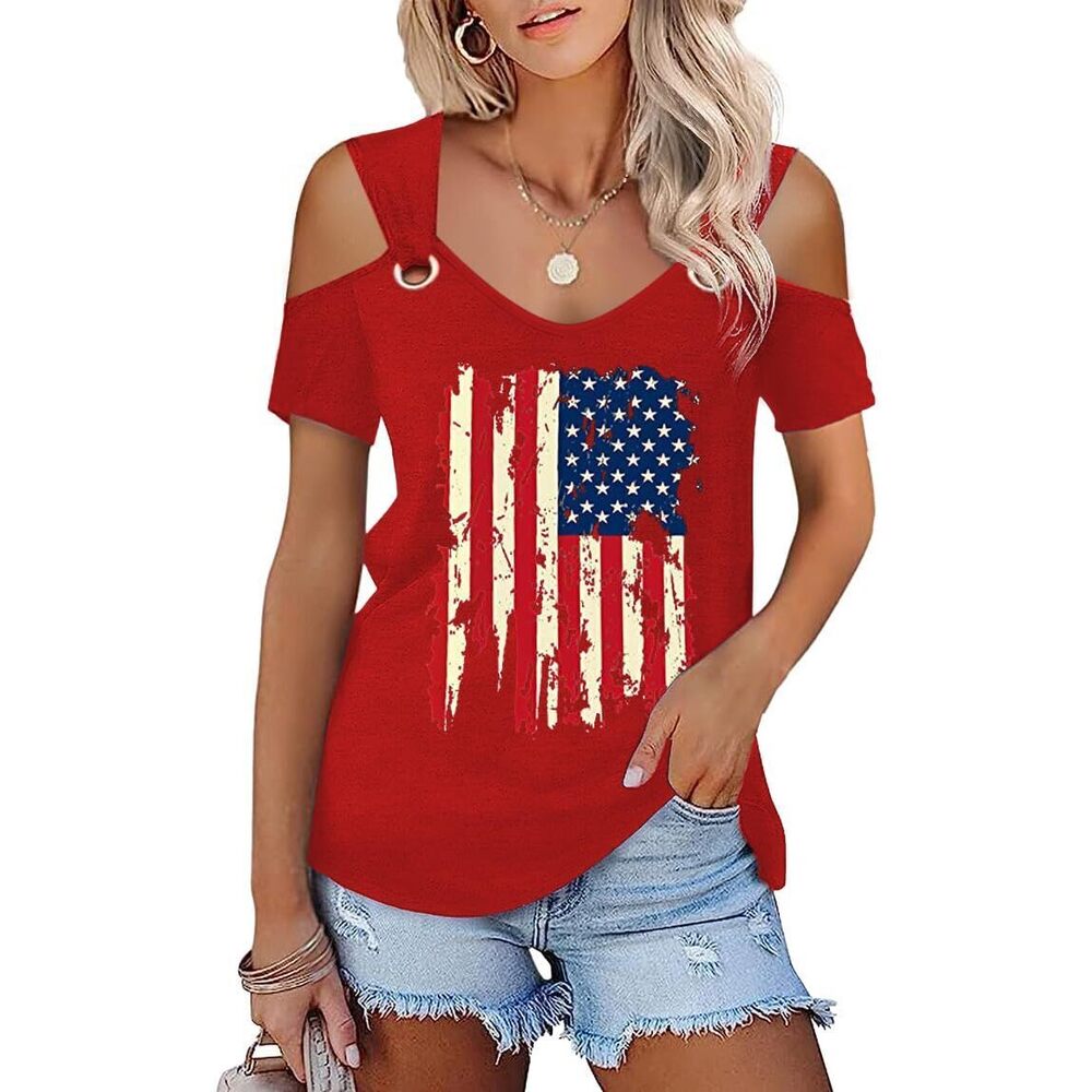 Women's American Flag Graphic Shirt Funny Hollow Out Sweet O Ring Shoulder Short